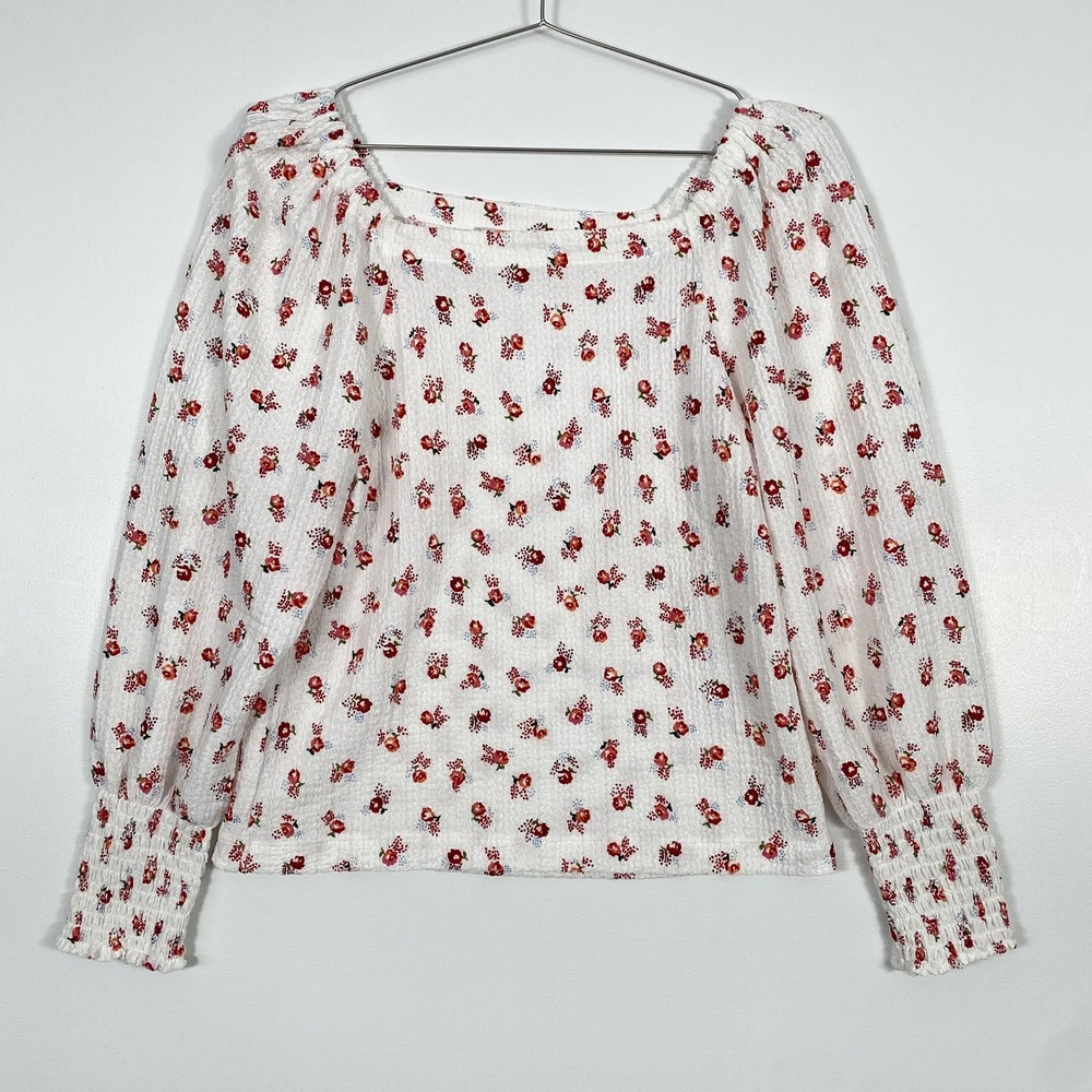 LOFT Shirt Womens Medium White Floral Smocked Square Neck Puff Sleeve Top Cottag